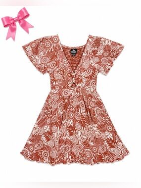 Angie Floral Boho Mini Dress | Rust & Cream Flutter Sleeve Dress | Women’s Small